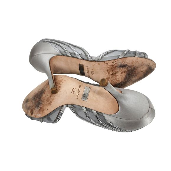Badgley Mischka Silver Crystal Rhinestone Open Toe Leather Sole Pumps Size 7.5 - Picture 5 of 6